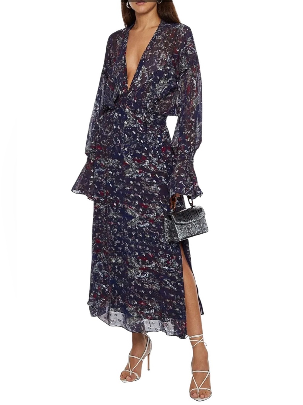 IRO Paris SKAGE 20W Ruffle Plunging V-Neckline Paisley Midi Dress US XS 2 34
